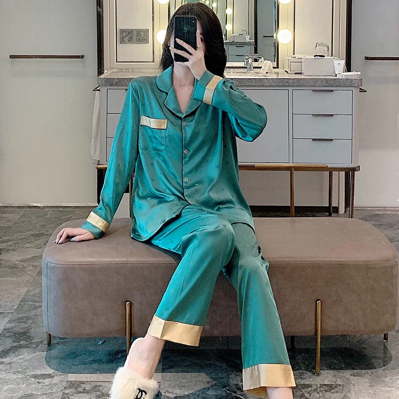Top Autumn New Ice Silk Women Pajama Lapel Button Cardigan Outfits for Women 2 Piece Set Fashion Printing Set Clothes for Women 2