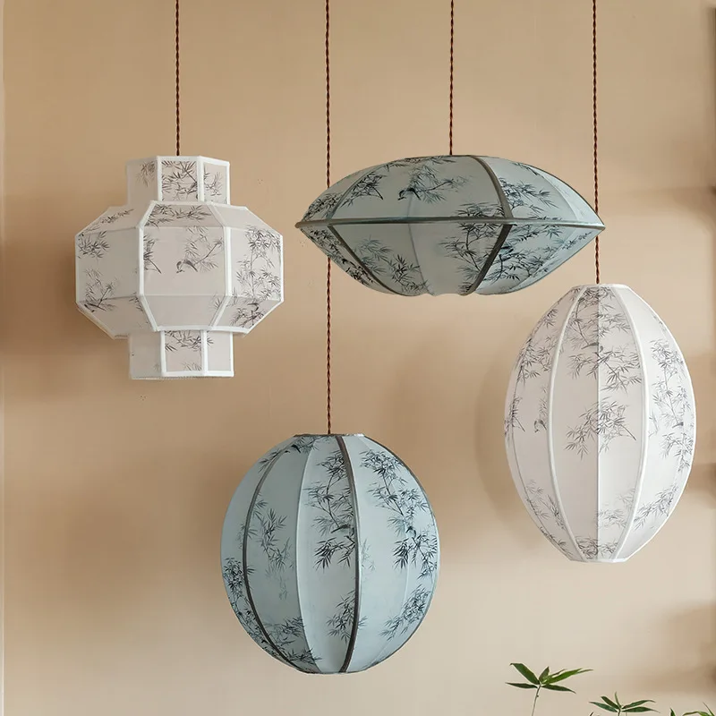 Chinese Style Fabric Bamboo Leaf Pattern Pendant Lights Homestay Restaurant Zen Living Room Decor Atmosphere Hanging Chandeliers