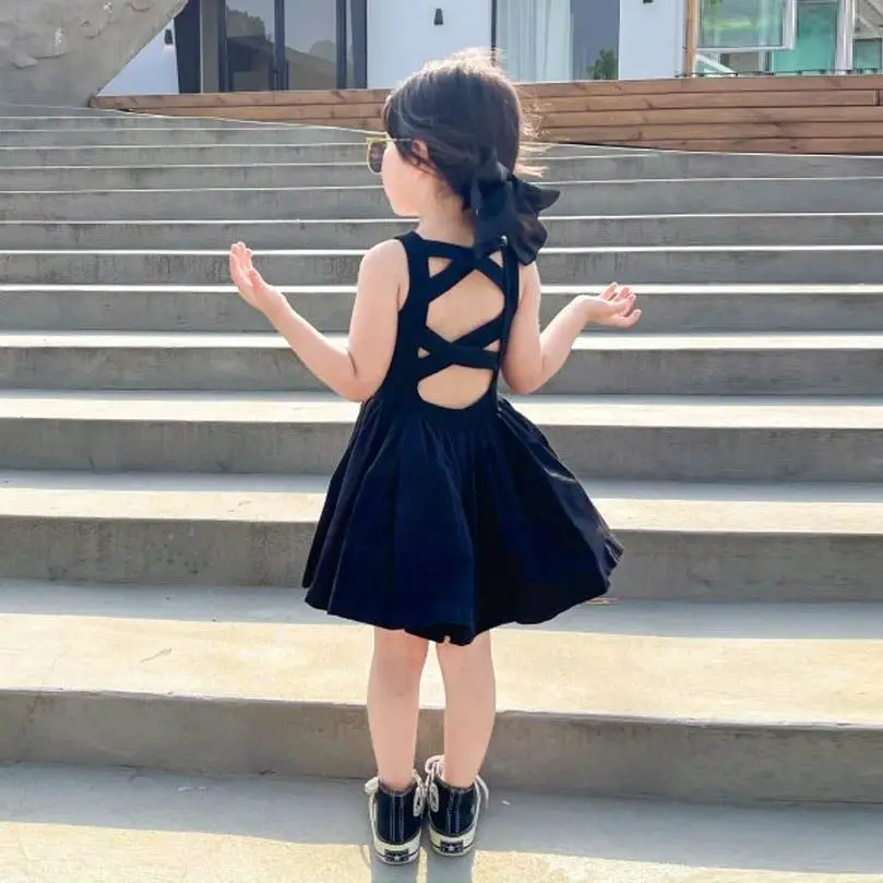 

Baby Girls Black Open Back Sleeveless Dress Children's Flower Bud Dress Summer New Vest Top Princess Dress 0-7Y