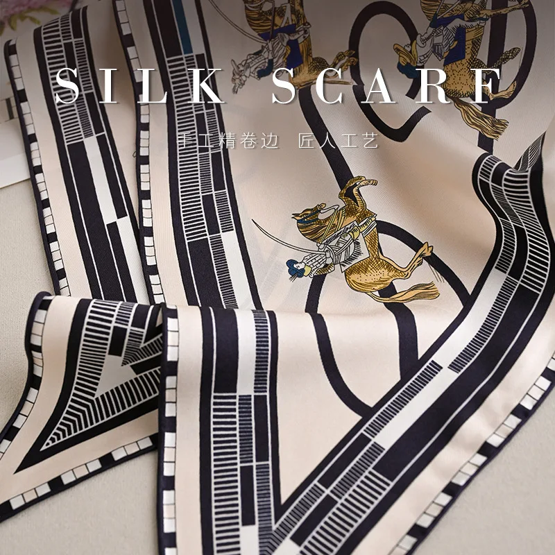 100% MULBERRY SILK Triangle Scarf British Equestrian Polo Rider Chain Print Neck Scarf Luxury Silk Bandana Elegant Head Wrap