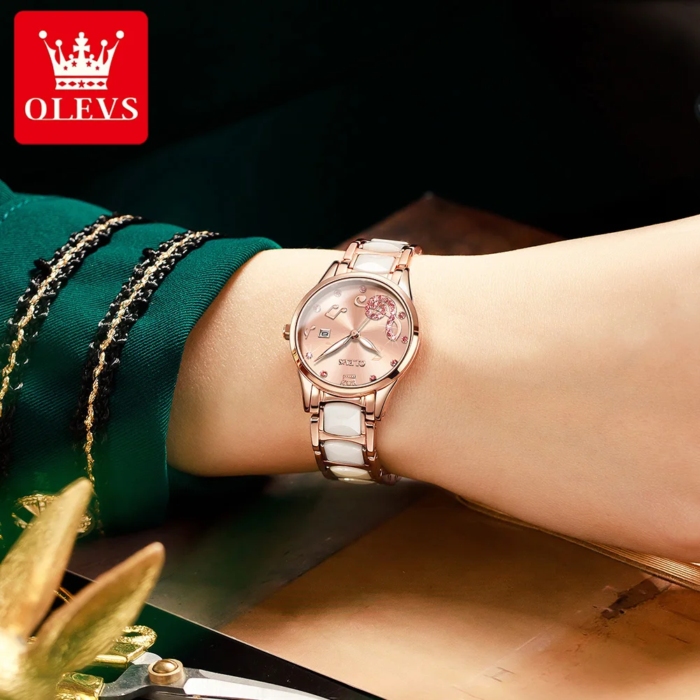 OLEVS 3605 Ceramic Strap Japan Quartz Women Wristwatch, Ceramics Luxury Fashion Waterproof Watch For Women Luminous Calendar