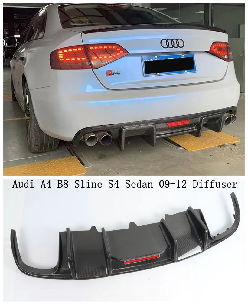 High Quality Real Carbon Fiber Car Rear Bumper Lip Auto Car Diffuser With Lamp For Audi A4 B8 Sline S4 Sedan 2009-2012