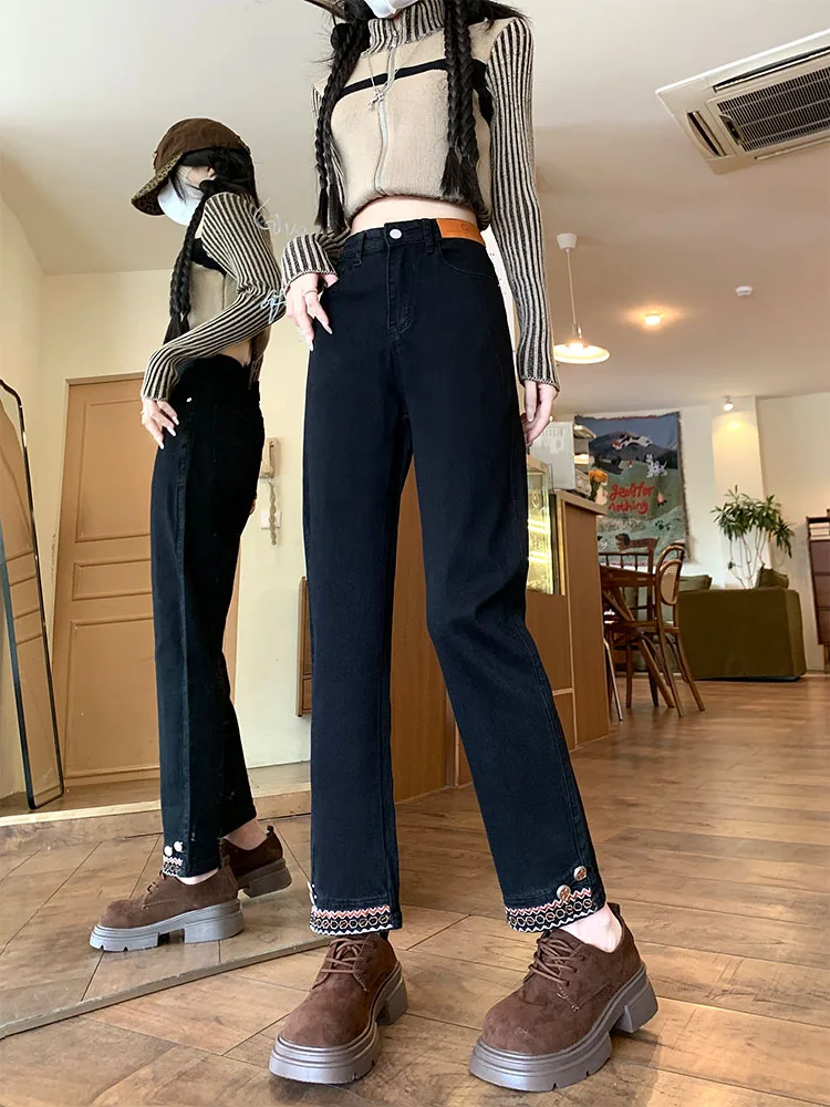 ارتفاع الخصر المطرزة واسعة الساق الجينز المرأة سليم صالح مستقيم قطع الدينيم السراويل الخريف جديد Sle حجم كبير الشكل الصغير الشقق...