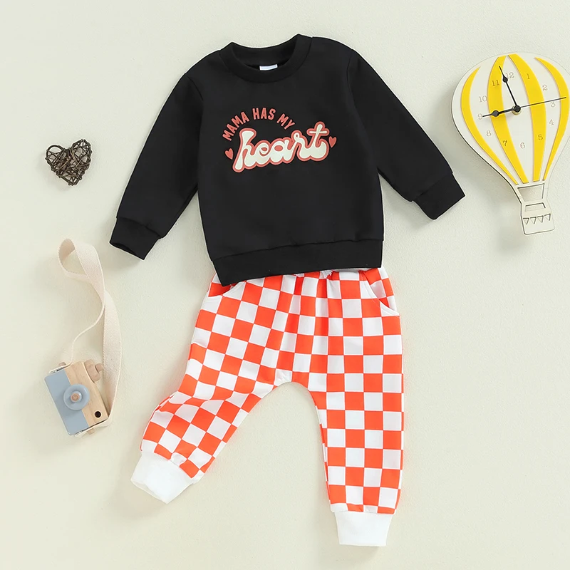 Little Boy Fall Outfit Letter Print Long Sleeve Sweatshirt Checkerboard Elastic Waist Pants 2 Piece Set