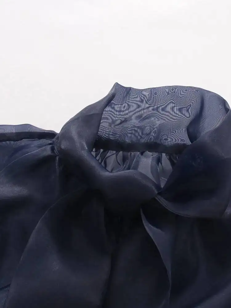 ONEXWEN 2026 New Navy Blue Organza Blouse For Women Sheer Bow Tie Neck Puff Long Sleeve Cinched Waist Peplum See-Through ZM5351