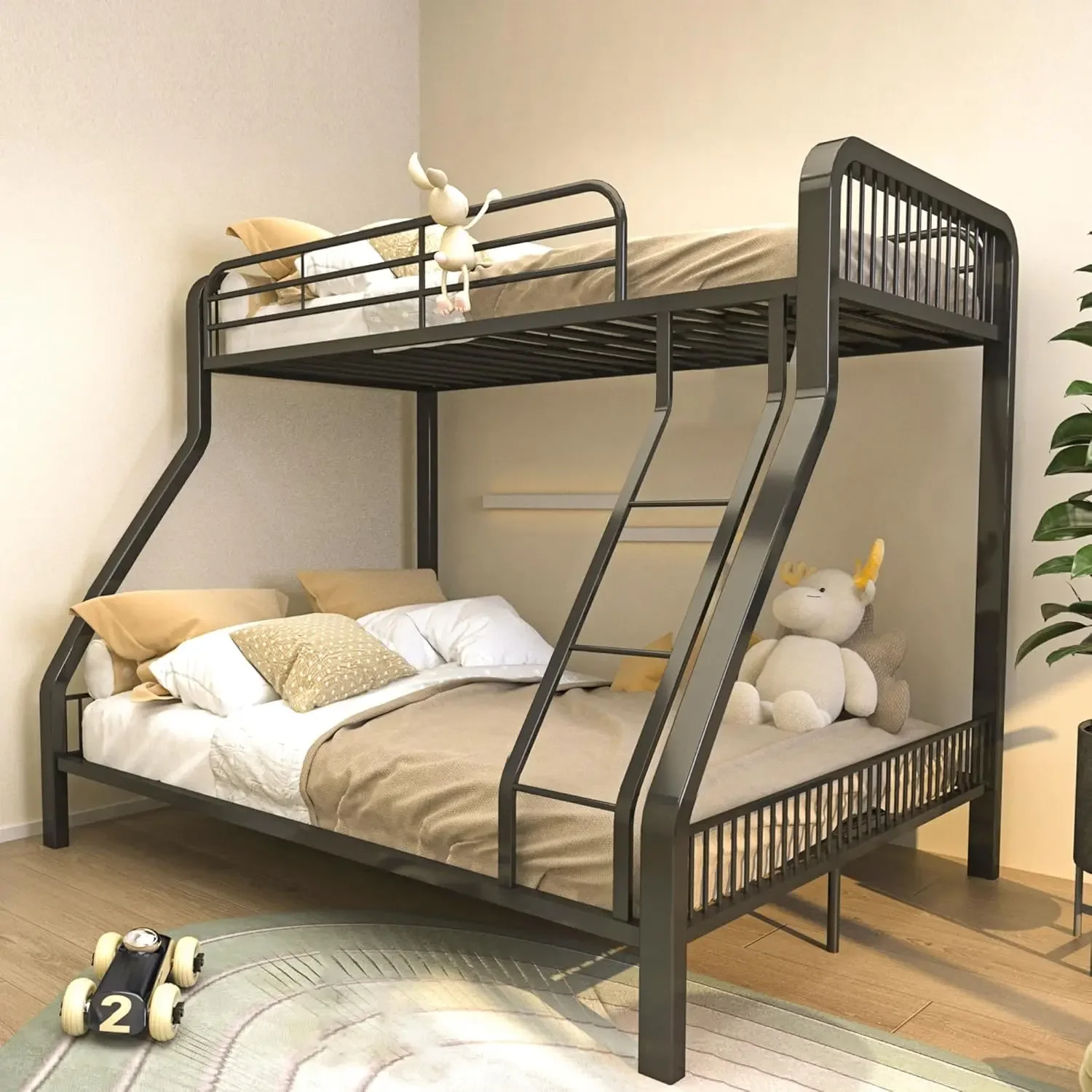 Metal Twin XL Over Queen Bunk Bed for Adults and Kids, Heavy Duty Space-Saving Bunk Beds Twin Over Queen with Safety