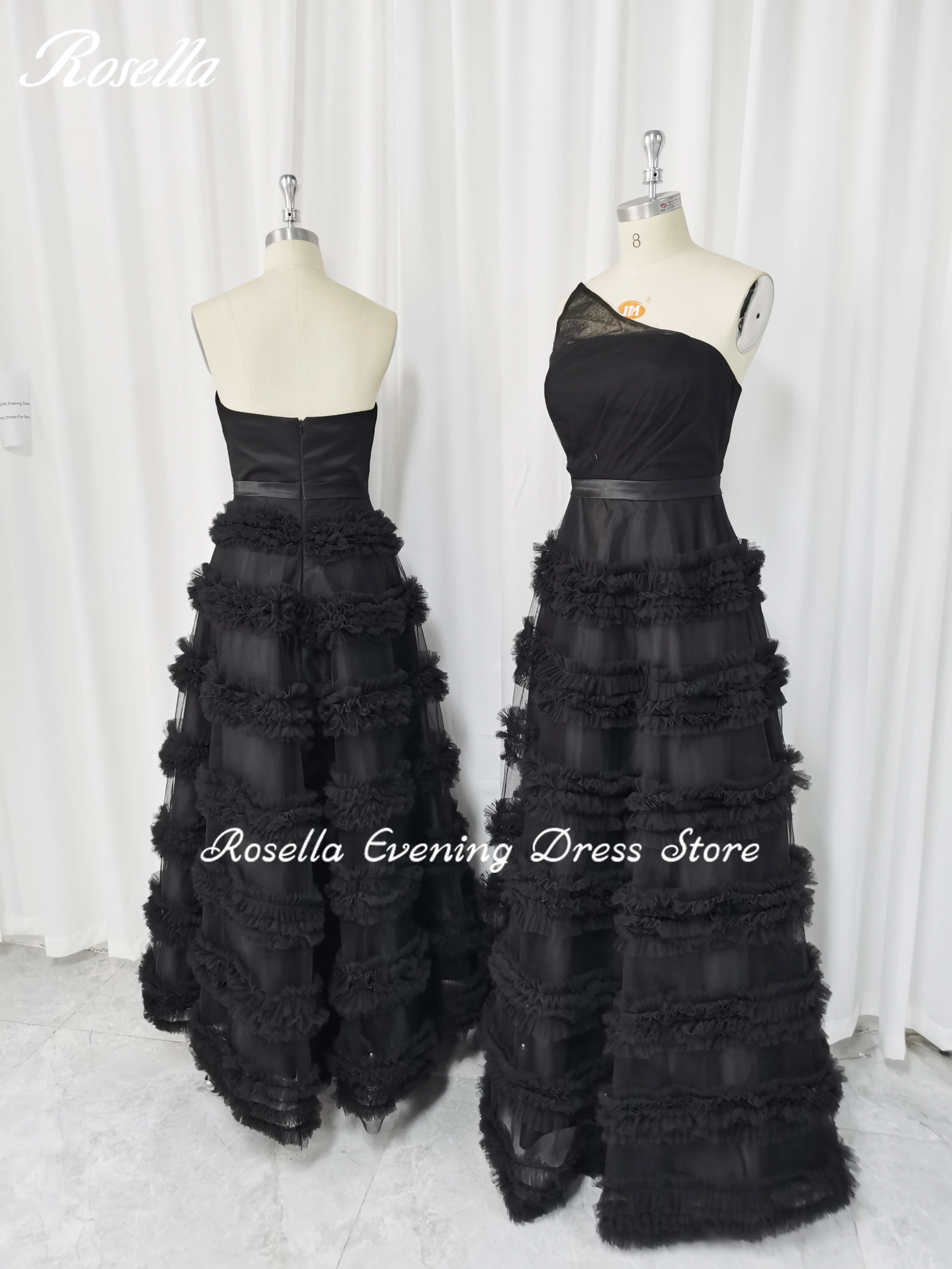 ROSELLA Off spalla senza maniche abito da sera per feste da donna lunghezza del pavimento Zipper Up Princess Black Organza Ball Gown nuovo 2023