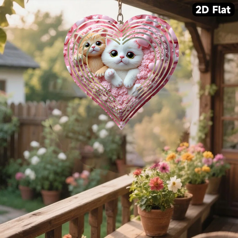 2D Flat - Two-Dimensional Flat Metal Wind Chime, Featuring a Delightful Pair of Cats with Expressive Eyes And Floating Hearts