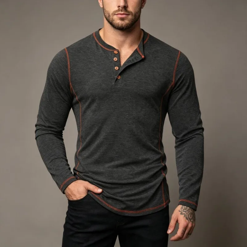 Men Henley Neck Long Sleeve T Shirt Contrast Stitching Slim Fit Solid Color Sports Casual Top
