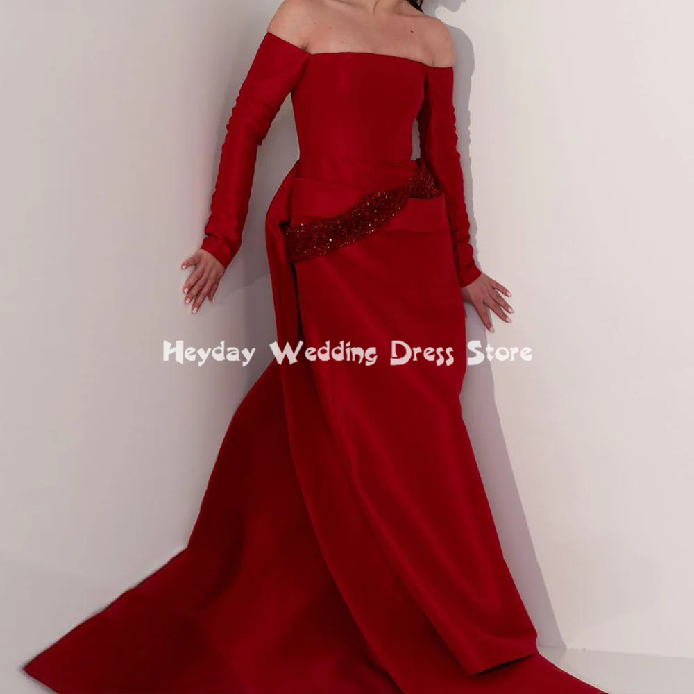 

Heyday Satin Off-the-shoulder Beaded Sheath Floor Length Evening Dresses Long Sleeves With Sweep Train Elegant Dresses 2025
