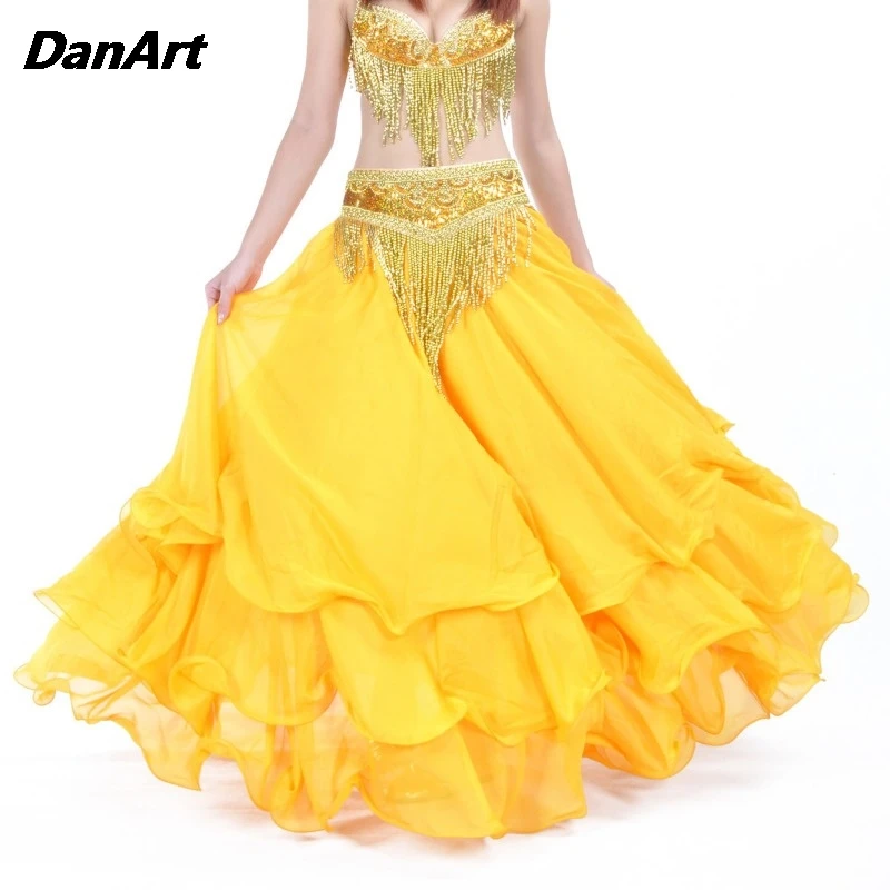 

Women Stage Performance Practice Skirt Belly Dance High-end Skirt Big Swing Dance Skirt Three-layer Chiffon Rolled Edge Skirt