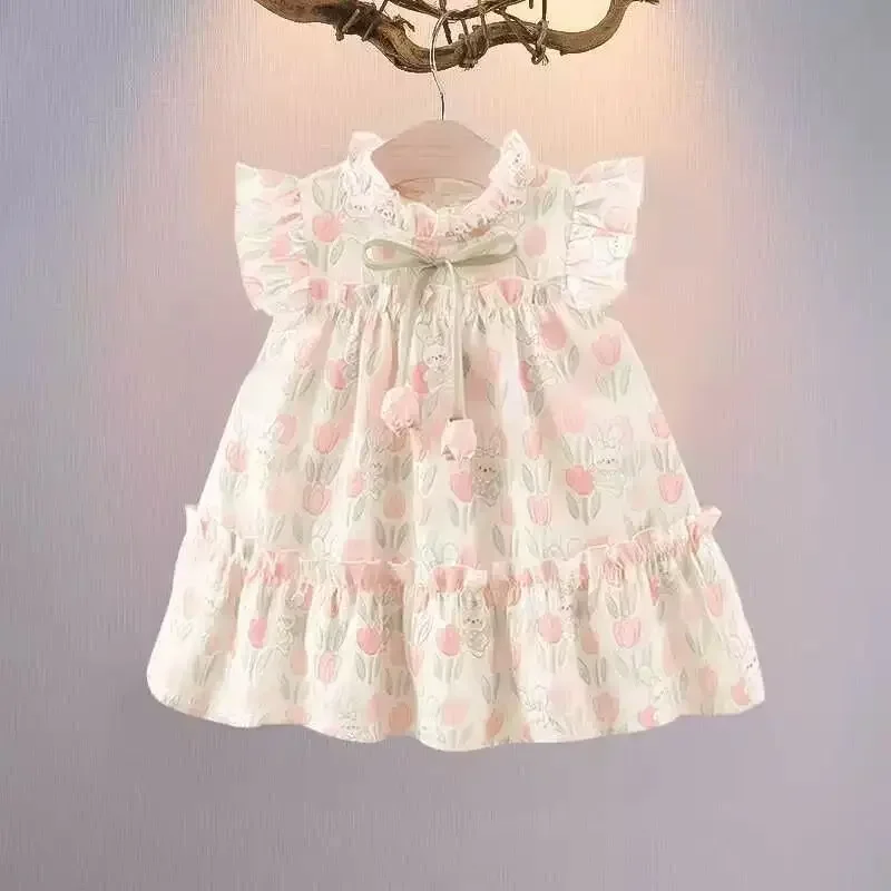 Flower Neck Bow Ribbon Tulip Flower Pattern Summer  Girl Dress Tulip Cartoon Rabbit Print Small Flying Sleeves