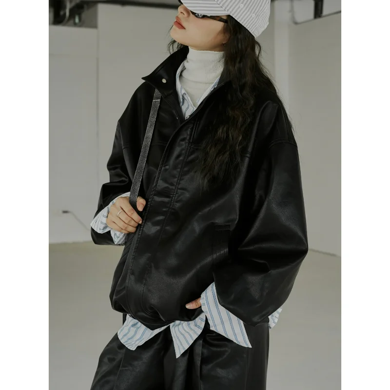 

Autumn PU Leather Jackets Women Black Coats Loose New Korean Version Retro Modern Locomotive Slim Casual Jacket Female Durable