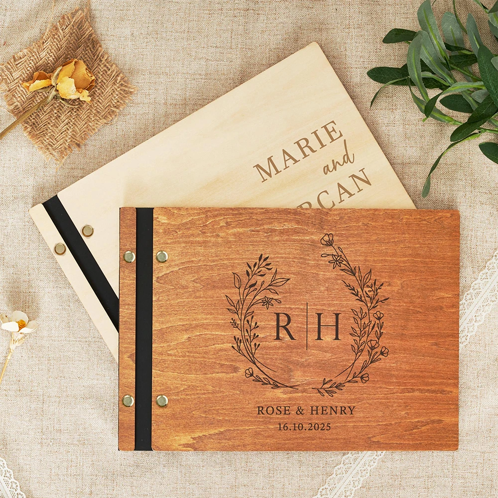 Livre d'or de mariage personnalisé en bois, album photo personnalisé avec nom, souvenir de mariage, cadeau pour fiançailles, anniversaire, signature du couple