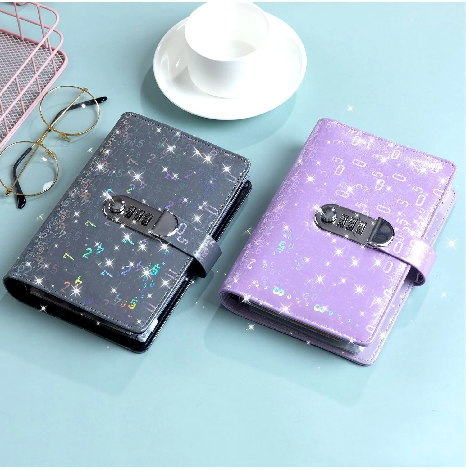 A6 Laser Coded lock PU Clip-on Notebook Leather Loose Leaf Notebook Cover Notebooks Journal Kawaii Stationery