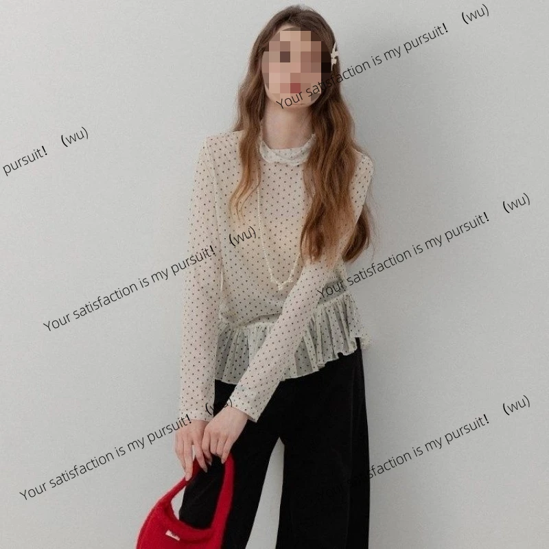 水玉模様のフリル付き長袖ニッチシックな重ね着風シャツシフォンシャツトップ