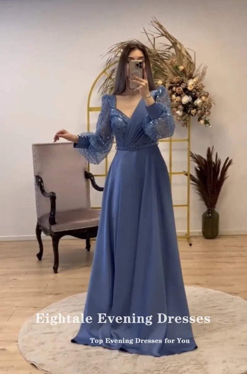 Eightale Light Blue Evening Dresses Long Sleeves Sweetheart Glitter A-Line V-Neck Customized Prom Party Gown vestido de fiesta