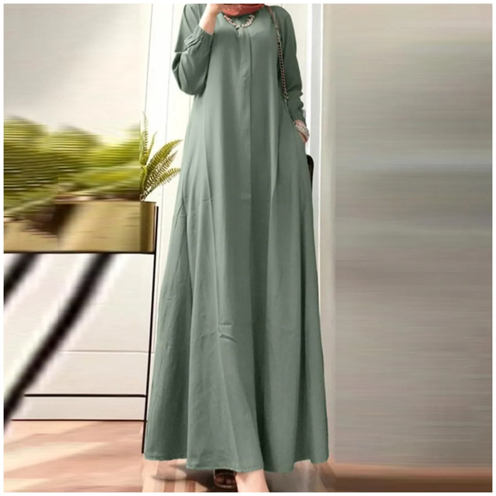 

Vintage Summer Clothes for Women Muslim Long Dress Long Sleeve Round Neck Pockets Loose-Fitting Abaya Caftan Kaftan Dresses