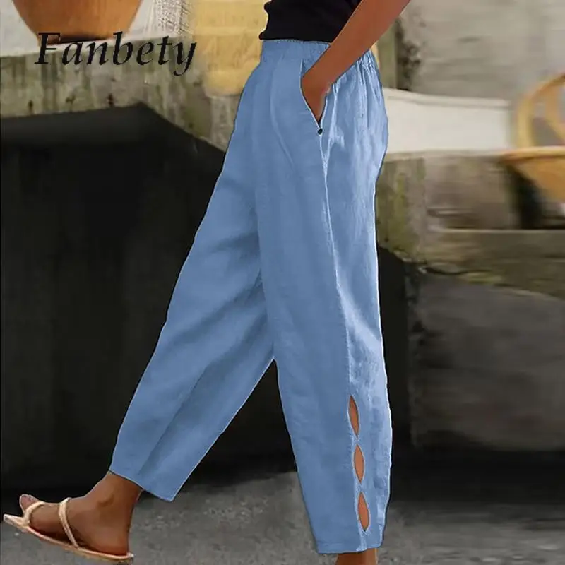 

Female Casual Elastic Waist Pocket Trousers Women Elegant Solid Hollow Fashionable Pant Summer Retro Solid Lantern Long Pants