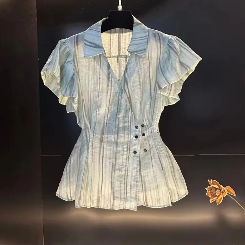 

Elegant Sweet V-neck Slim Waist Blouses Y2k Short Sleeve Vertical Stripes Blusas De Mujer 2025 Smmer New Shirts Women