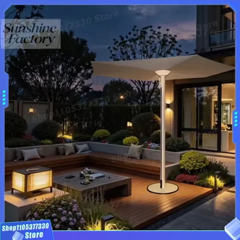 Solar Powered LED Patio Umbrella Waterproof Aluminum Market Umbrella with Rotating Open Close for Garden Hotel Pool