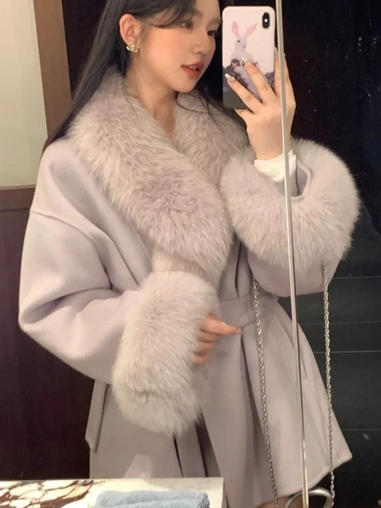 المرأة سميكة الدافئة الكشمير الفراء الطبيعي معطف الصوف ريال فوكس الفراء سترة صوفية 2025 جديد فاخر الخريف الشتاء الملابس الإناث