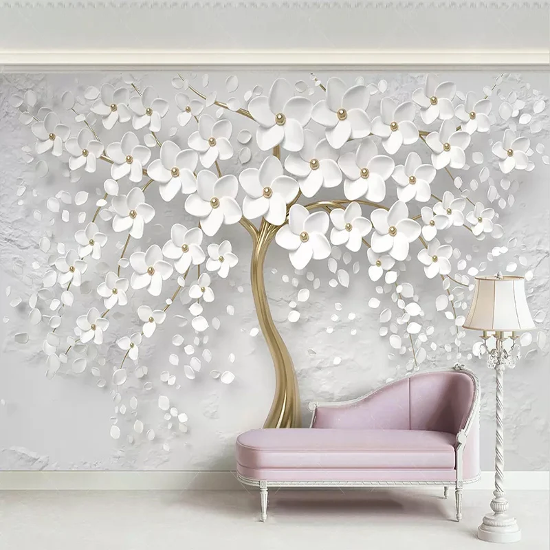 Custom Any Size Murals Wallpaper 3D Stereo White Flowers Wall Painting Living Room TV Sofa Bedroom Backdrop Wall Papel De Parede