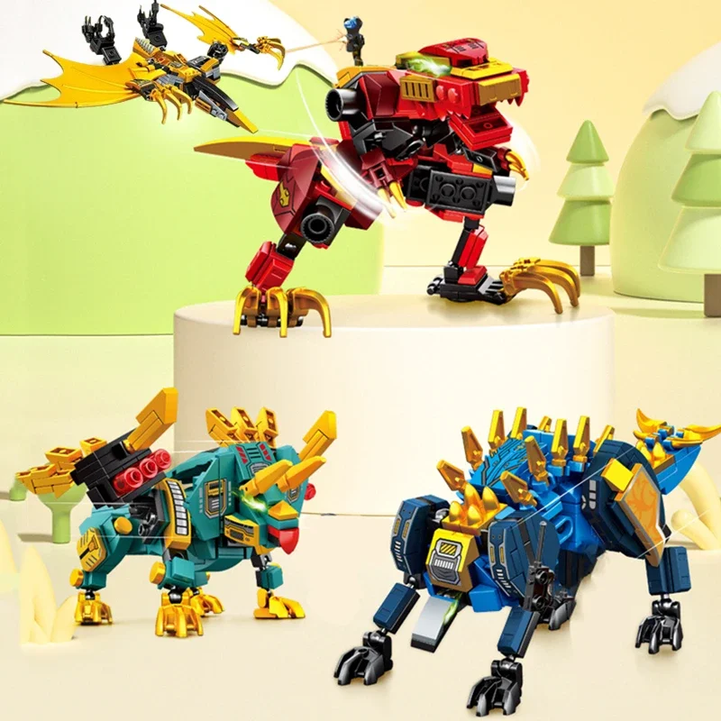842PCS 4in1 Transforming Robot Mecha Building Blocks Kits Dinosaur World Mech Model Assembly Bricks Kids Toys Boys Birthday Gift