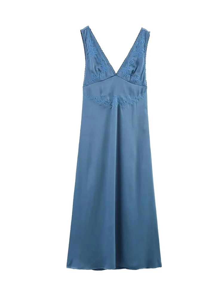 Vestido longo feminino bordado floral com decote em V sem mangas verão azul vestidos casuais