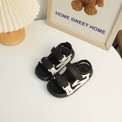 Children's Shoes Boys Casual Black Soft Soled Ribbon Comfortable Beach Shoes 2024 Summer New Fashion Sandals