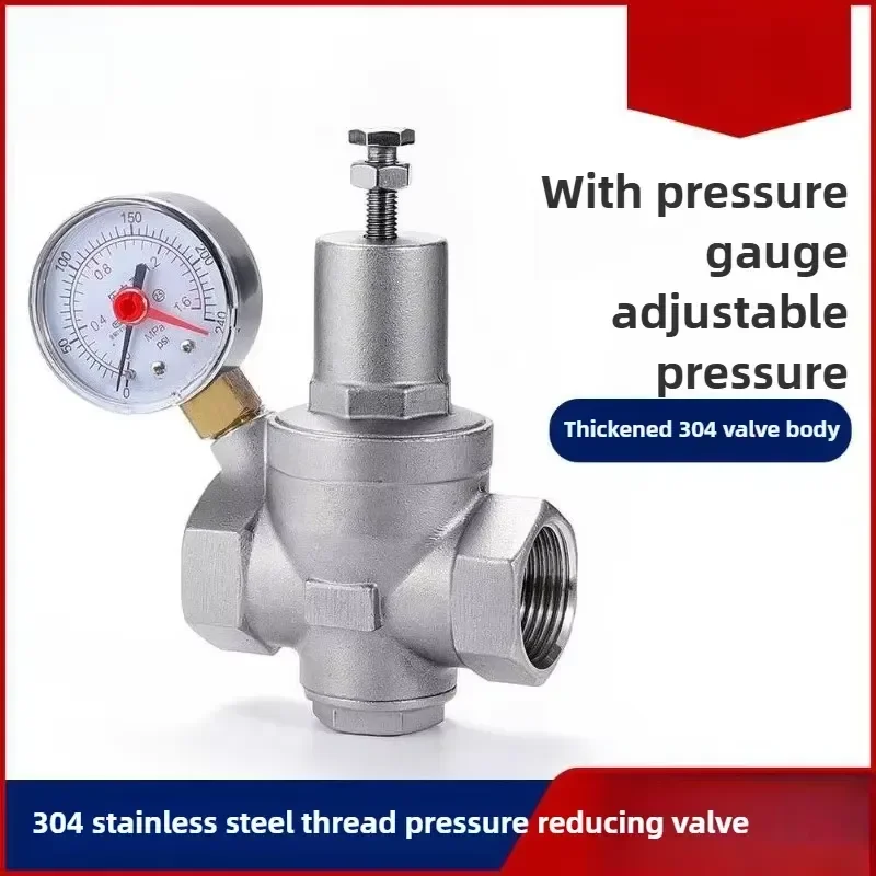 304 Stainless Steel Water Pressure Reducing Valve - DN15-DN40 with Pressure Gauge, Water Regulator & Relief Valve