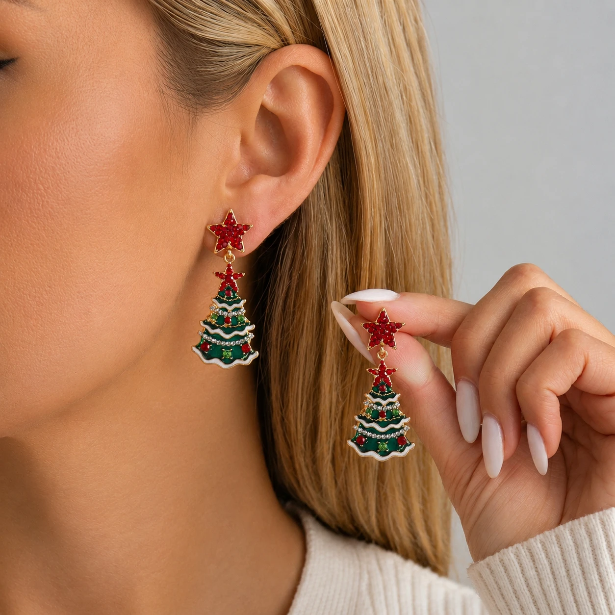 Klassische grüne Emaille-Weihnachtsbaum-Ohrhänger für Damen, bunte Strass-Imitationsperlen-Weihnachtsbaum-Ohrringe, Schmuckgeschenke – Detail 2