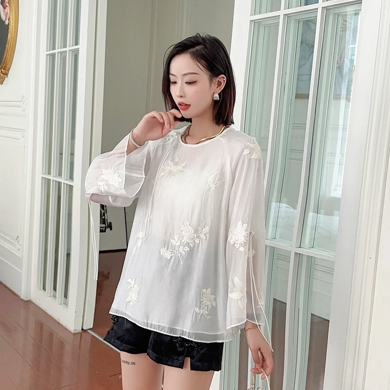 Chinese Style Round Neck Embroidered Shirt Women\'s Casual Long Sleeve Top Fashionable and Elegant Shirts