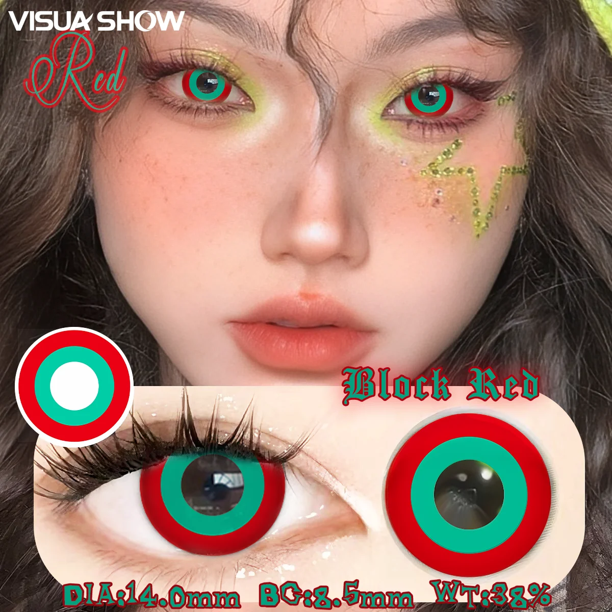 VISUASHOW Block Rot Cosplay Farbige Kontaktlinsen Augenfarben-Kontaktlinsen für Cosplay-Partys, Halloween, Weihnachten, Anime-Rollenspiele – Detail 6