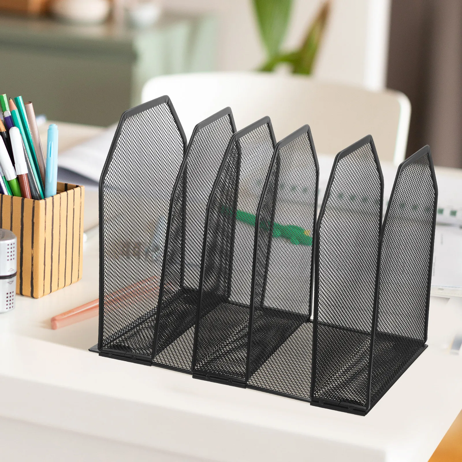 Metal Desk File Organizer with 5 Vertical Compartments for Office, School & Home Paper Documents