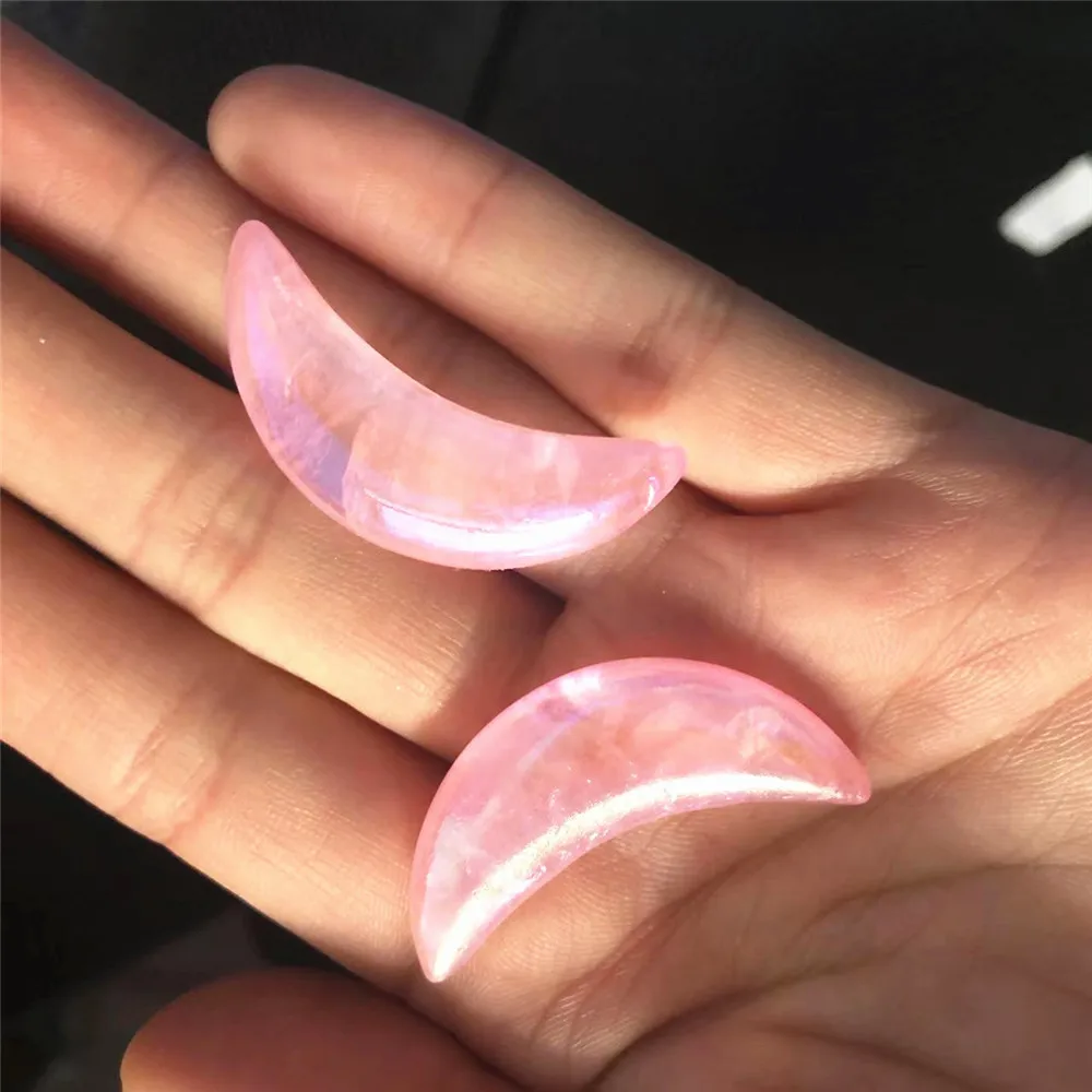 Natural Stone Crystals Aura Rose Moon Shape Healing Ornament Gem Jewelry Gift