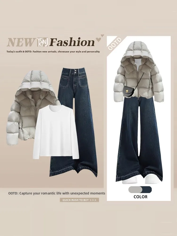 

Retro Sle Warm Hooded Bread Coat Women Winter Loose Not Puffy Outerwear High Waist Wide Leg Jeans Winter Faion Set