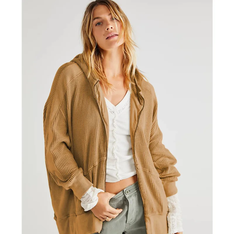 Women Casual Solid Color Spring Autumn Thin Sweatshirts Fulll Zipper Knitted Long Sleeve Hooded Hoodies Plus Size Commute Outfit