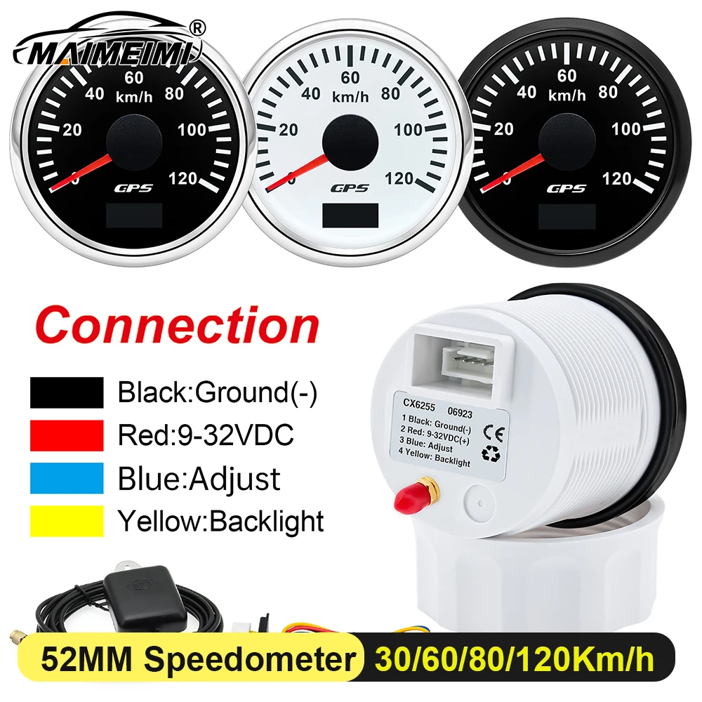 

52 мм GPS-спидометр 30/60/80/120/200 км/ч с одометром для лодки, автомобиля, грузовика, 7-цветная подсветка, датчик скорости, GPS-антенна 9-32 В