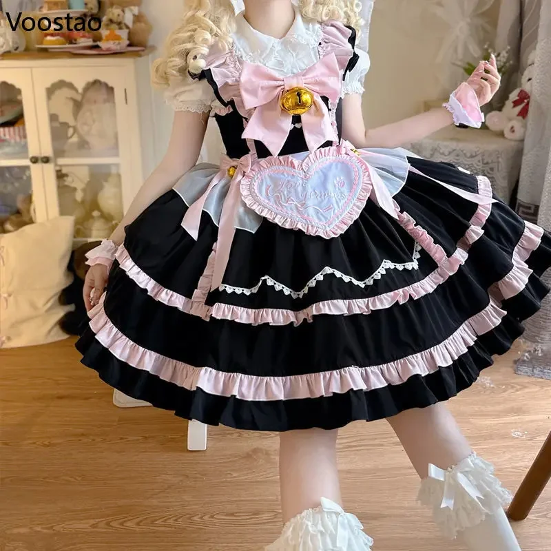 Japanese Style Sweet Lolita Princess Dress Women Cute Bow Small Bell Love Hearts Embroidery Apron Party Dress Girls Gothic Dress