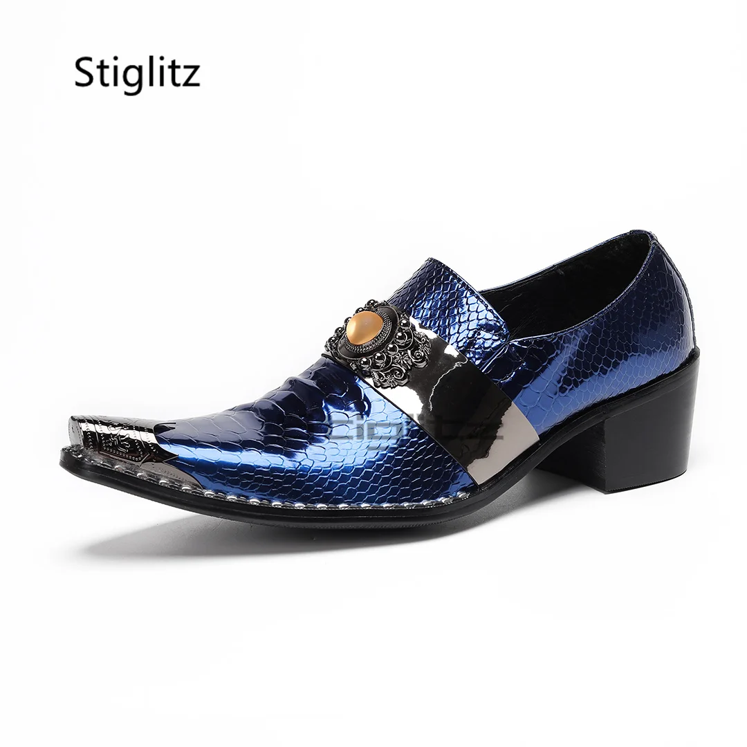 

Blue Snake Grain Dress Shoes for Men Gemstone Buckle Genuine Cowhide Metal Pointed Toe Shoes Business High Heels Male Shoes
