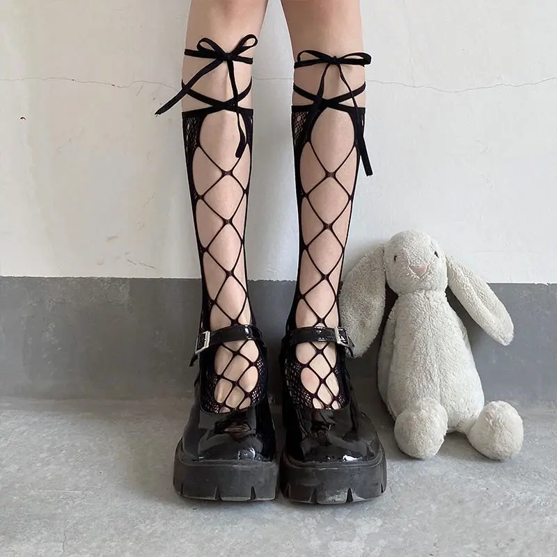 JK Girls Bandage Fish Net Stockings Women Sexy Fishnet Mesh Hollow Out Knee High Sock Party Nylon Elastic Long Compression Socks