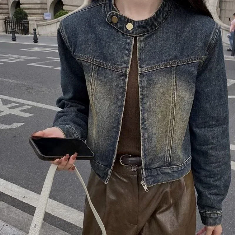 Vintage vintage stand up collar denim jacket for women in spring and autumn,luxury and loose fitting short jacket top