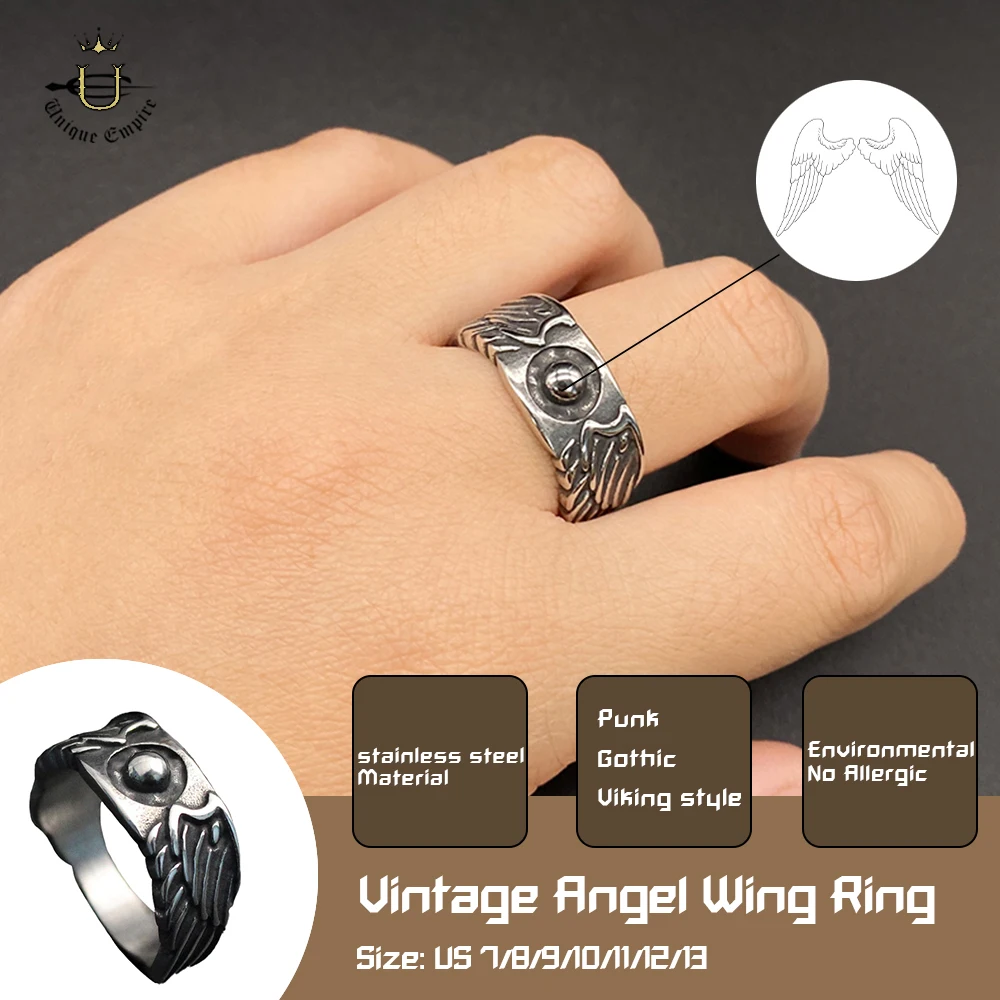 

Gothic Vintage Angel Wings Ring Vintage Dark Guardian Jewelry for Men and Women Stainless Steel Halloween Ring Unique Symbolic