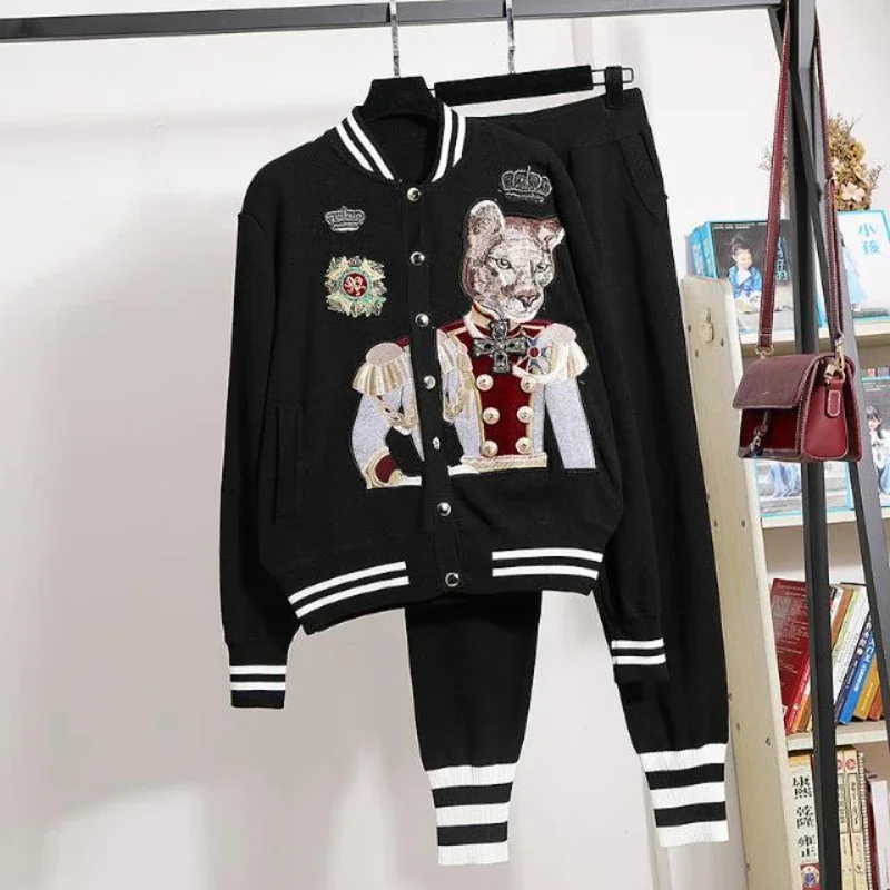 Women Spring Autumn Dog Embroidery Baseball Coat Contrast Color Beaded Bomber Jacket Single Breasted Cardigan Sports 2pcs Suit