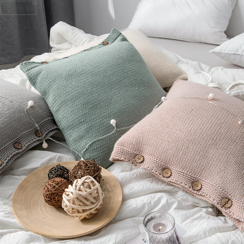 Soft Cotton Knit Cushion Cover Vintage Ivory Grey Pink Green Solid Pillow Case 45cm*45cm Button Open Home Decoration Nordic