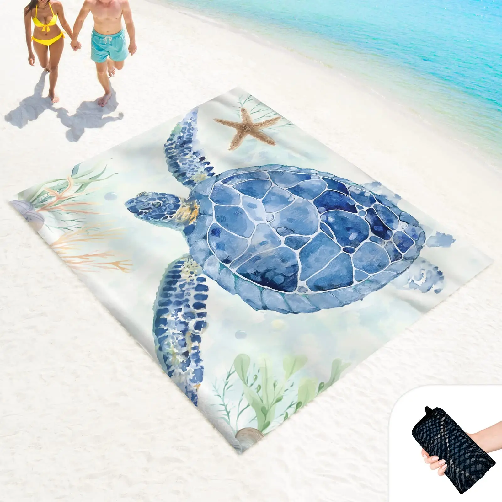 Beach Blanket Sand Proof Waterproof Sand Free Mat with Corner Pockets and Mesh Bag for Outdoor,Picnic,Travel,Watercolor Turtle