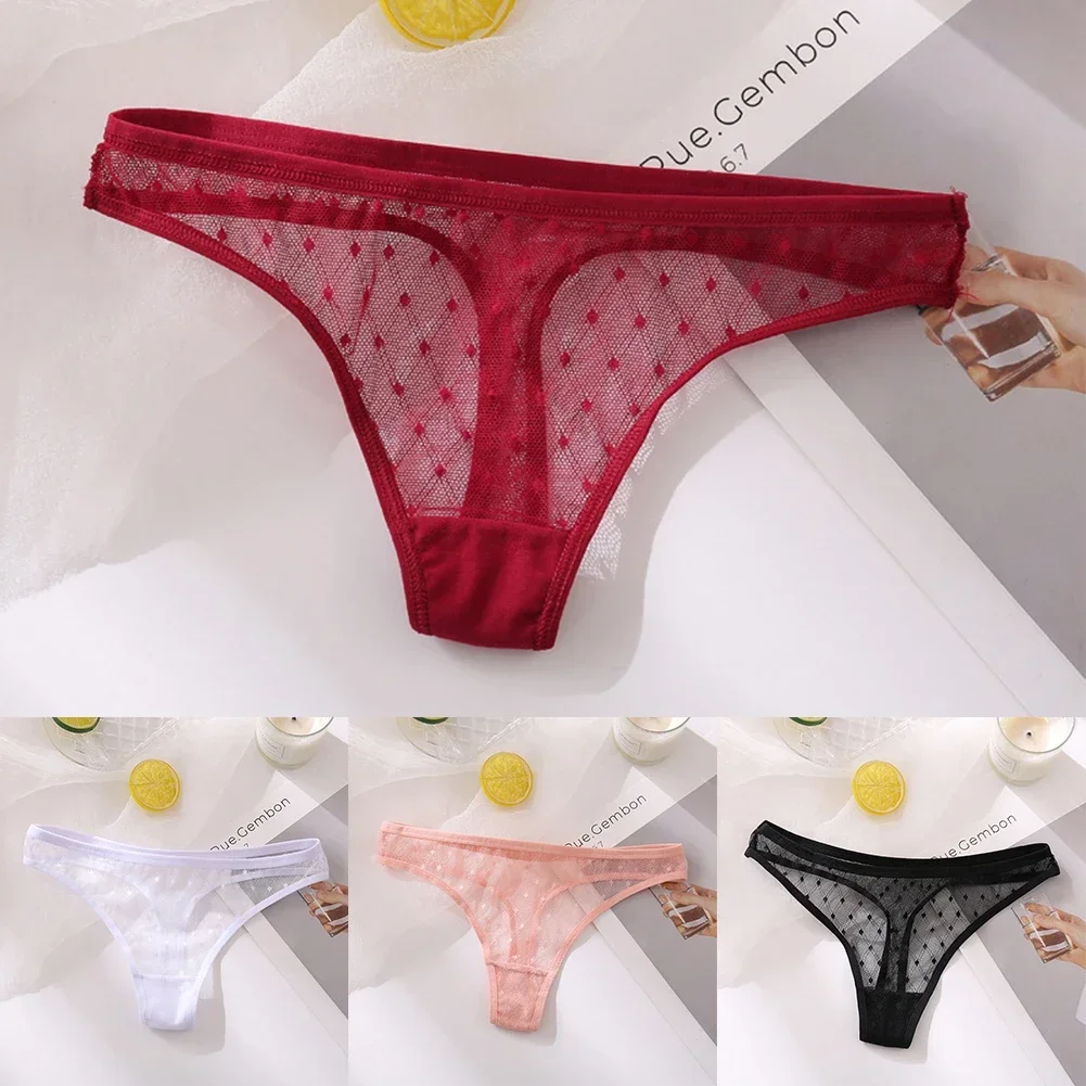 Womens Sexy Hollow Out Mesh Transparent Breathable Low Rise Panties Sheer Thong Underwear T-back Briefs Solid Female Briefs