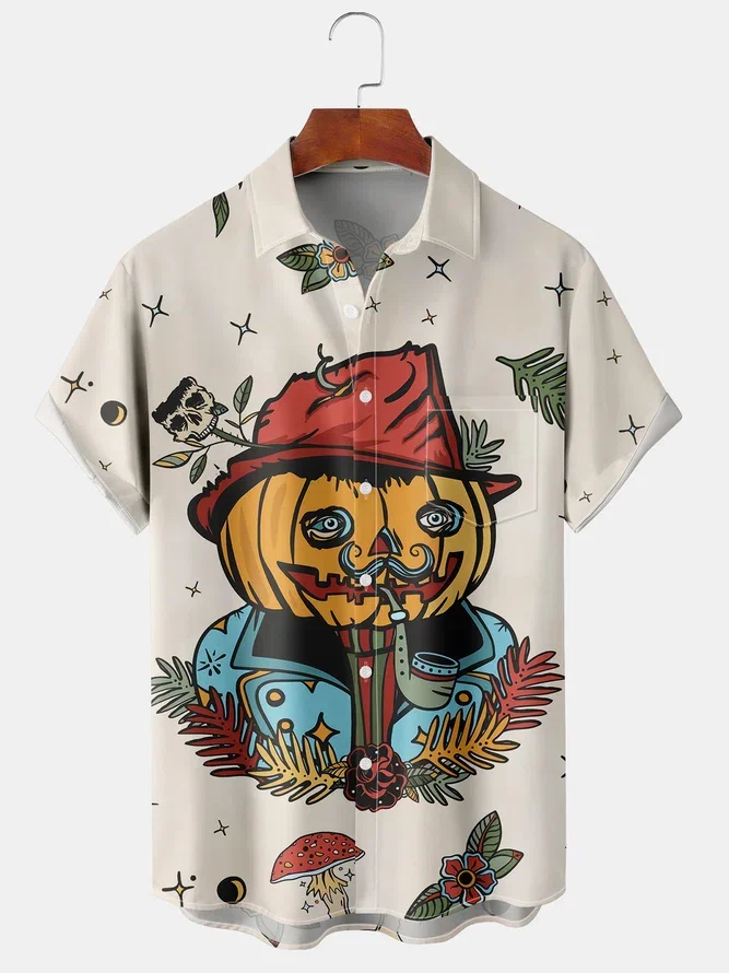 Men\'s Halloween Ghost and Pumpkin Print Short Sleeve Hawaiian Shirt with Chest Pocket Party Wear for Men And Women