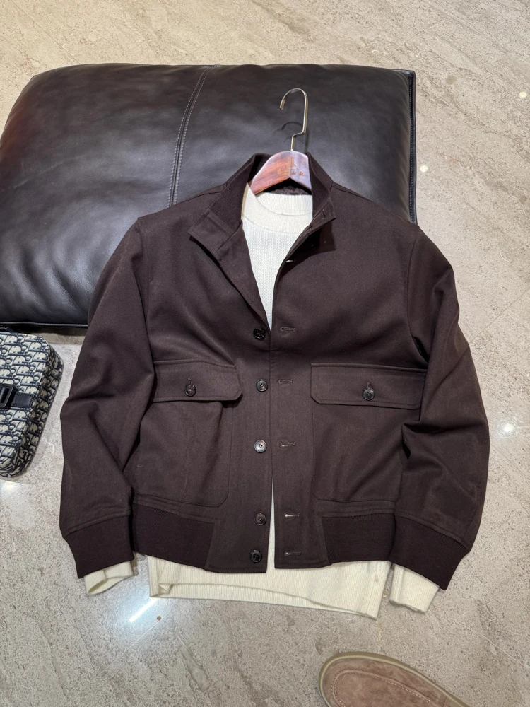 

High-Quali Men's Casual Busin Jaet Outerwear Silk Wool Blend Retro Sle Long Sve Stand Collar Polyester Fiber